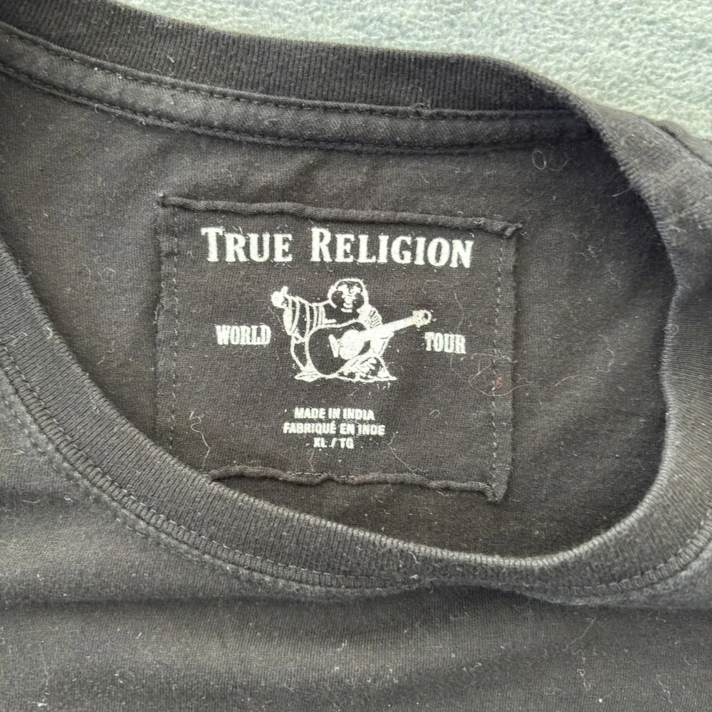 True Religion Mens XL Long Sleeve T-Shirt Black Lime Green Logo Cotton Tee